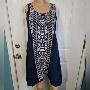 Johnny Was Navy Embroidered Sleeveless Dress